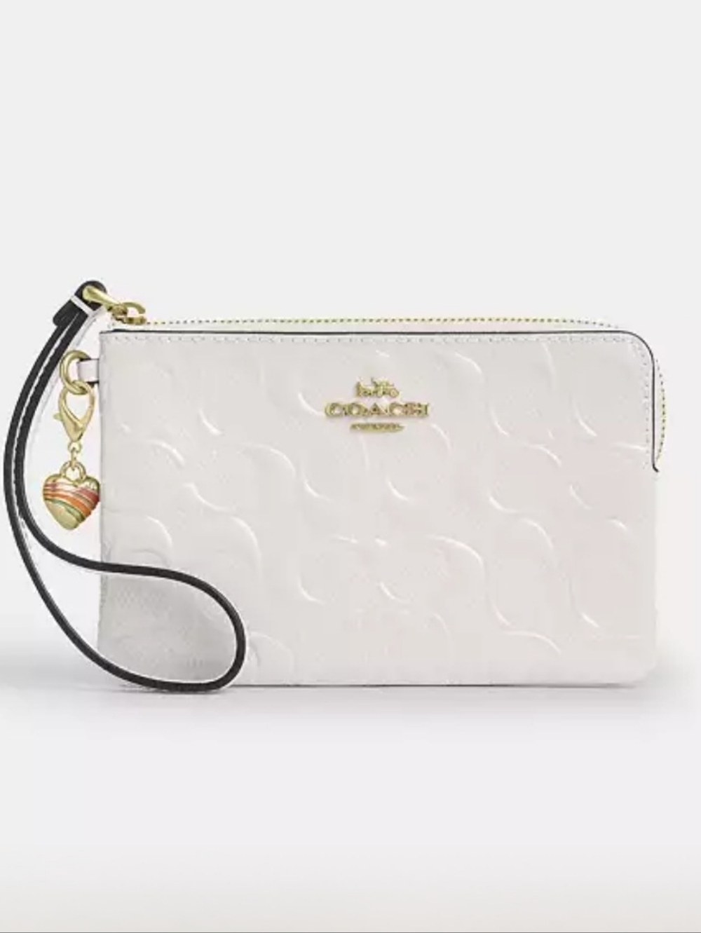 🔥COACH Corner Zip Wristlet, Signature Patent Leather, Chalk/Gold, Heart Charm